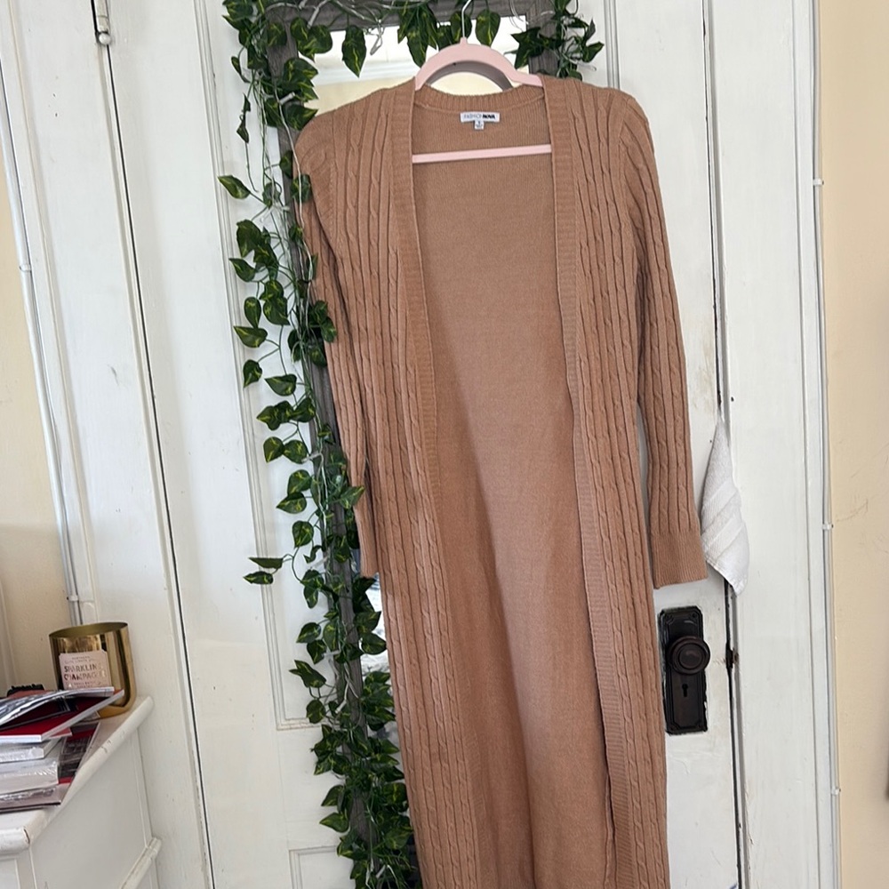 Tan Long Open-Front Cardigan Sweater